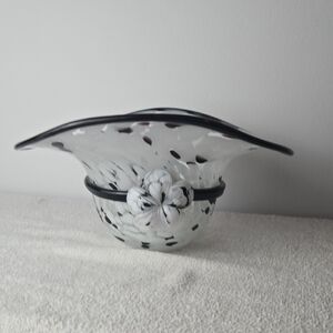 Vintage Style Art Glass Hat Bowl White Spatter Confetti Pattern- Vase